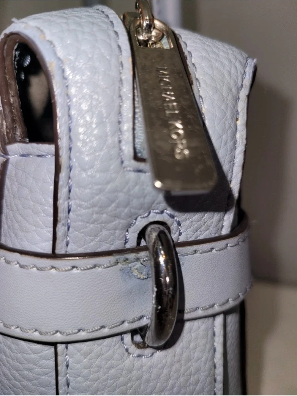 Michael Kors Mercer Satchel Crossbody Pale Blue Monogram Canvas Small